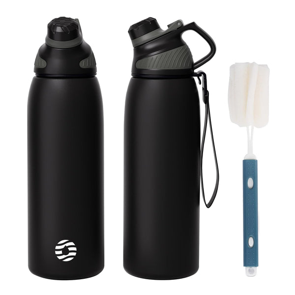 1000ml Thermoskanne Trinkflasche aus Edelstahl mit Magnetischem Deckel, Kohlensäure geeignet Wasserflasche, Schwarz