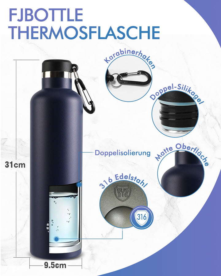 1000ml Thermoskanne Trinkflasche Edelstahl mit Karabiner, Kohlensäure geeignet Wasserflasche