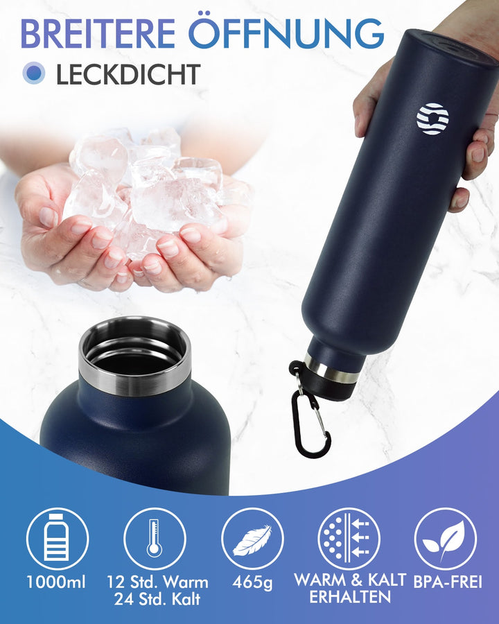 1000ml Thermoskanne Trinkflasche Edelstahl mit Karabiner, Kohlensäure geeignet Wasserflasche