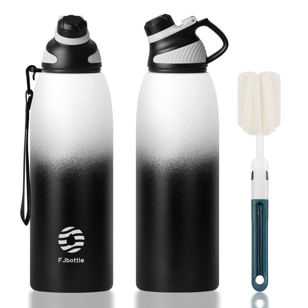 Bouteille de sport en acier inoxydable de 1 500 ml avec couvercle magnétique, bouteille d'eau isotherme, dégradé noir et blanc 