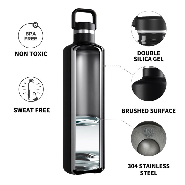 1000ml Thermos Flask Stainless Steel with Carabiner, Carbonated Water Bottle, Black 