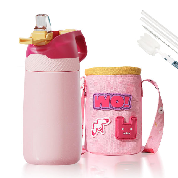 350ml Edelstahl Trinkflasche mit Strohhalm und Tragetasche für Kinder, Rosa