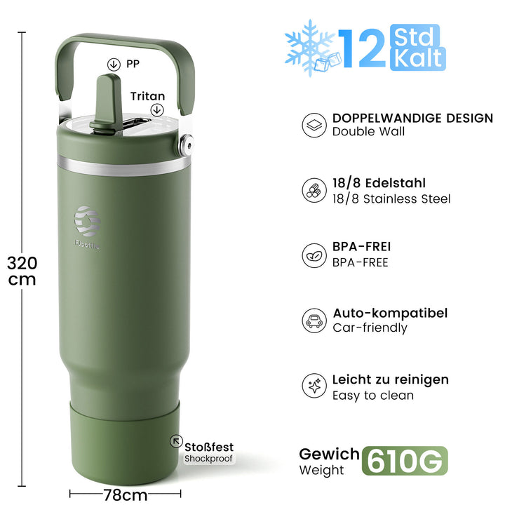 1200ml Thermoskanne Trinkflasche aus Edelstahl mit Strohhalm, Kohlensäure geeignet Wasserflasche