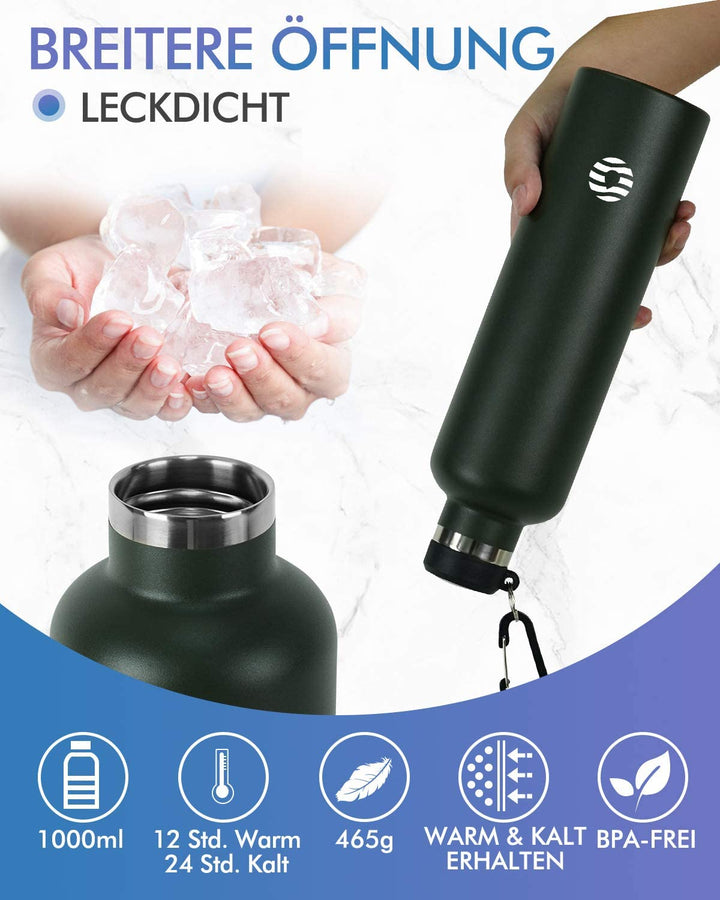 1000ml Thermoskanne Trinkflasche Edelstahl mit Karabiner, Kohlensäure geeignet Wasserflasche