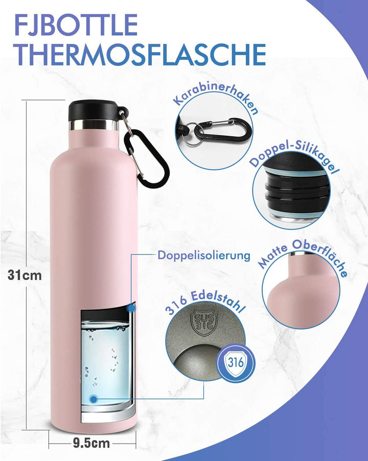 1000ml Thermoskanne Trinkflasche Edelstahl mit Karabiner, Kohlensäure geeignet Wasserflasche