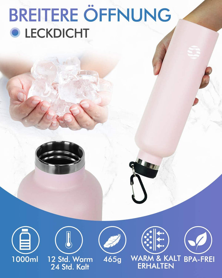 1000ml Thermoskanne Trinkflasche Edelstahl mit Karabiner, Kohlensäure geeignet Wasserflasche