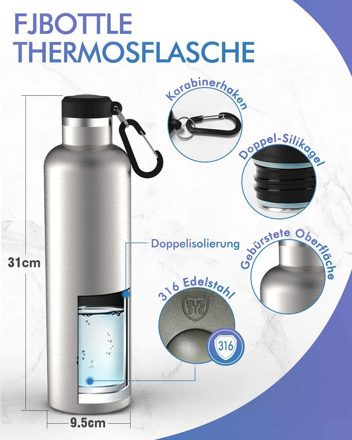 1000ml Thermoskanne Trinkflasche Edelstahl mit Karabiner, Kohlensäure geeignet Wasserflasche