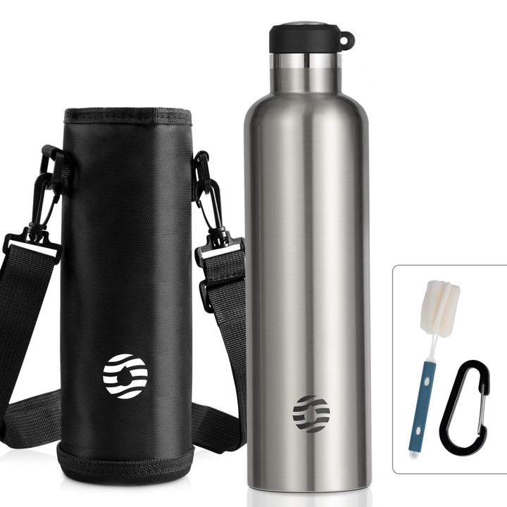 1000ml Thermoskanne Trinkflasche Edelstahl mit Karabiner, Kohlensäure geeignet Wasserflasche