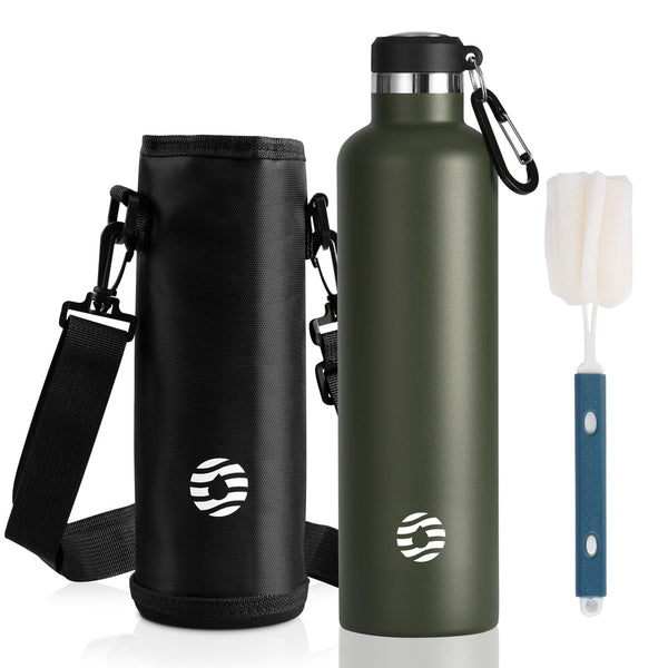 Räumungsverkauf, 1000ml Thermoskanne Trinkflasche Edelstahl mit Karabiner, Kohlensäure geeignet Wasserflasche, Dunkelgrün