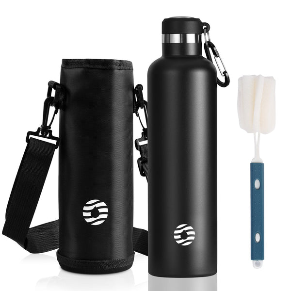 1000ml Thermoskanne Trinkflasche Edelstahl mit Karabiner, Kohlensäure geeignet Wasserflasche, Schwarz