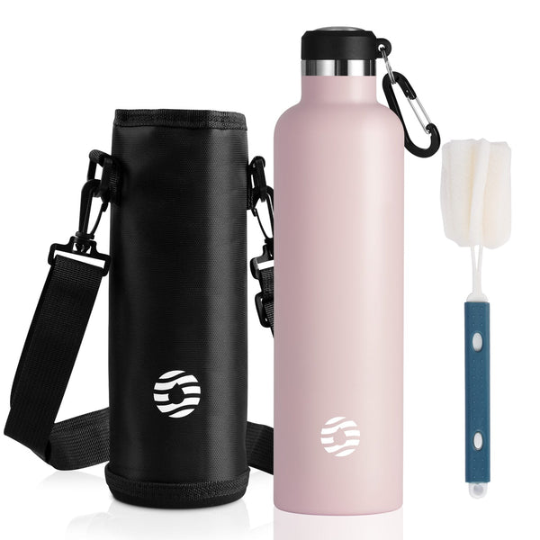 1000ml Thermoskanne Trinkflasche Edelstahl mit Karabiner, Kohlensäure geeignet Wasserflasche, Rosa