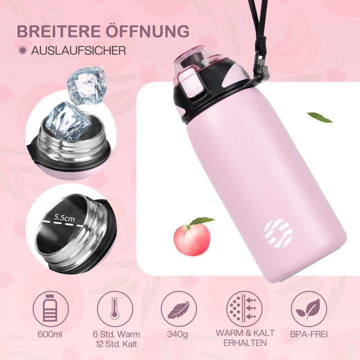 600ml Edelstahl Thermoskanne Wasserflasche mit Tragetasche, Kohlensäure geeignet Trinkflasche